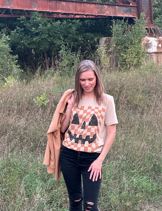 Checkered Pumpkin Face Graphic Tee
